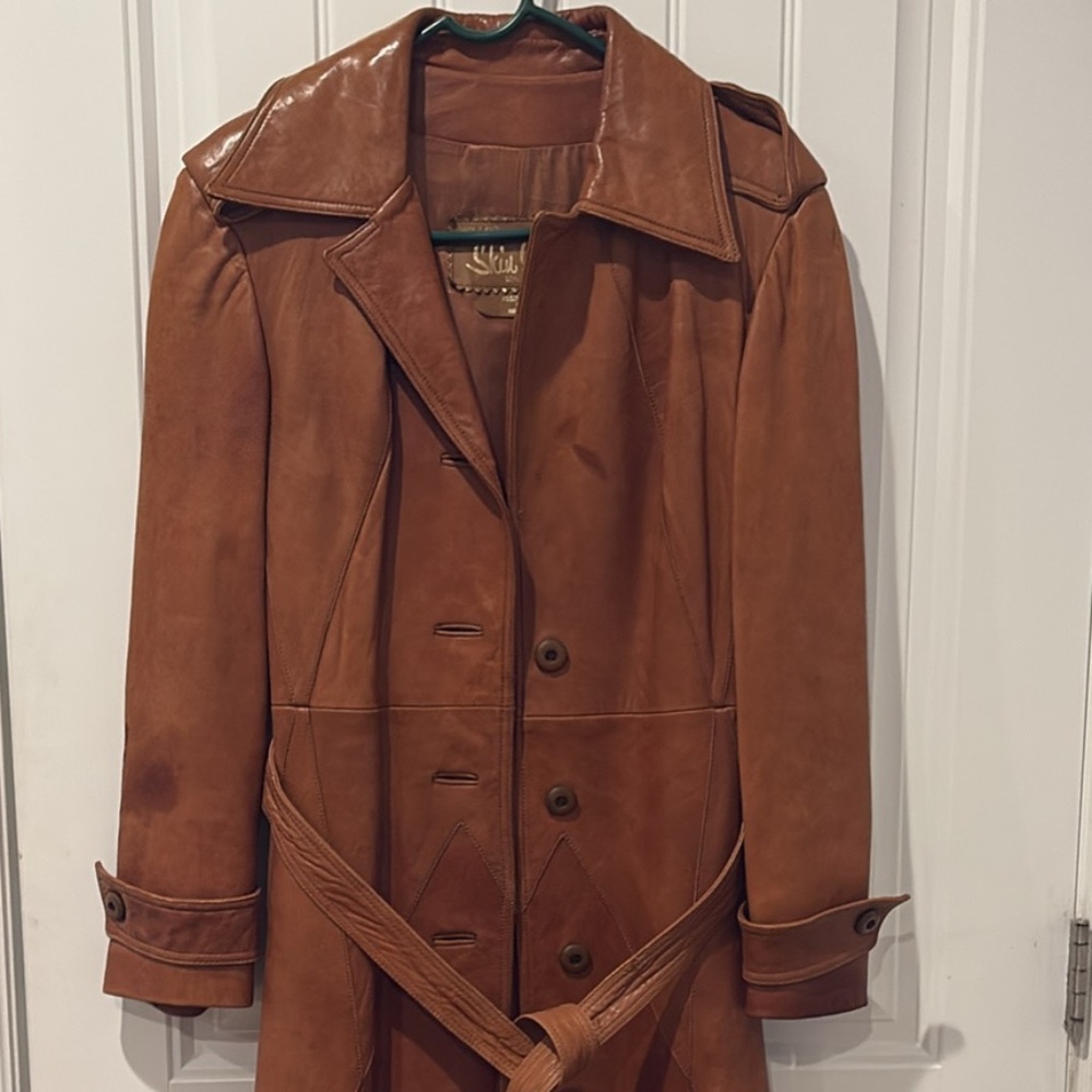 Genuine Brown Leather Vintage Trench Coat